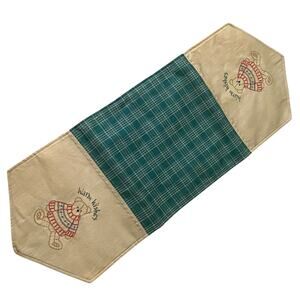 Vintage table runner for side table that reads “Warm Wishes” w teddy bear design